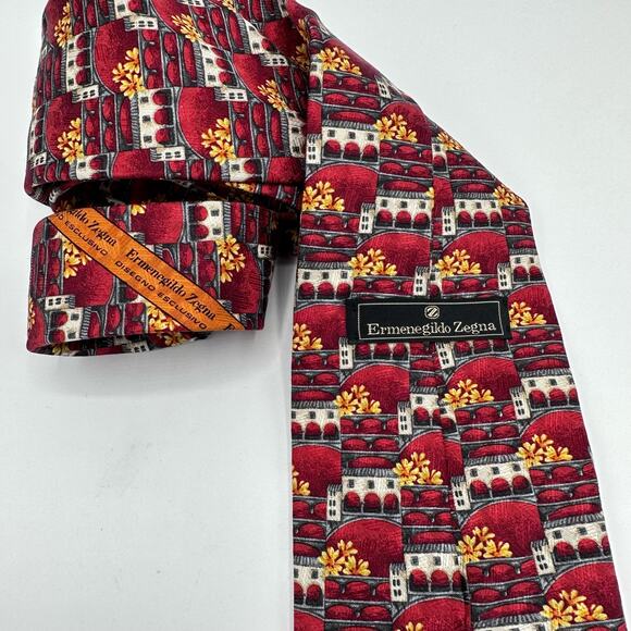 Ermenegildo Zegna Silk Necktie Red Orange Multi Print Designo Exclusiva - Picture 9 of 9
